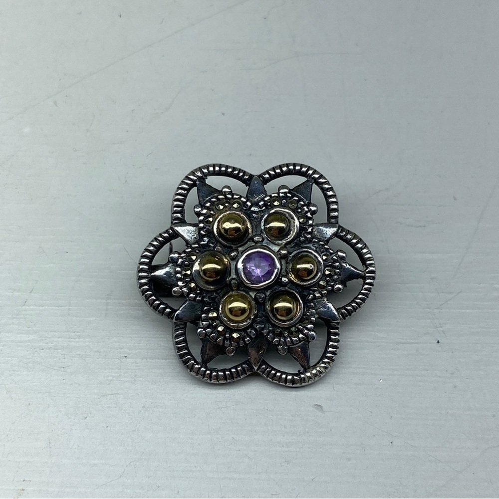 Sterling Floral Inspired Brooch With 18k Gold Nodules And An Amethyst Center